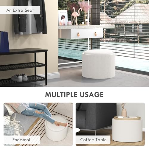 Round Storage Ottoman with Flip Top Tray, Upholstered Fabric Foot Stool, Small Coffee Table with Hidden Compartment, Accent Vanity Stool for Living Room, Cream White