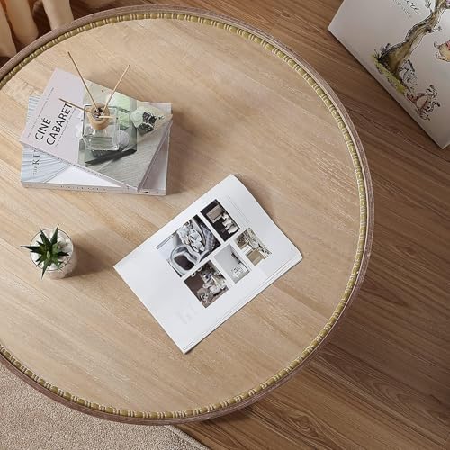 Farmhouse Round Coffee Table, Wood Tray Top Circle Coffee Table with Storage Shelf Rustic Style for Living Room and Vintage Finish, White