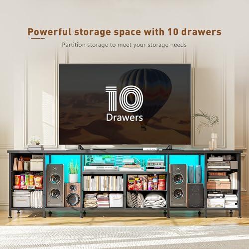 75.5" Long TV Stand for 85/80/75" TVs with LED, Power Outlets & 10 Drawers | Rustic Brown Television Stands with 2 Separate Wood Shelves, Spacious Storage,Sturdy Metal Frame for Bedroom Living Room