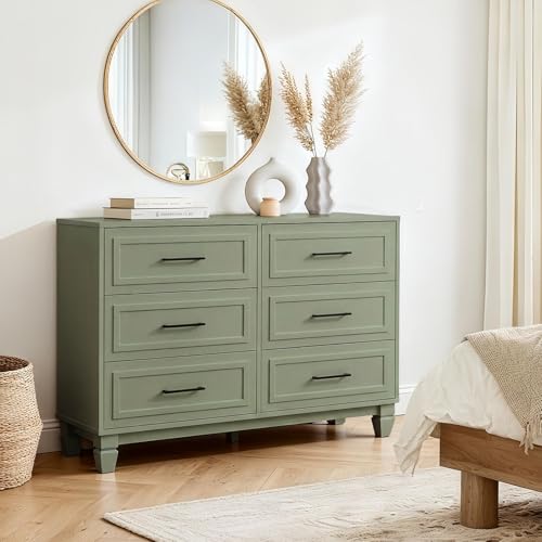 6 Drawer Dresser for Bedroom, Farmhouse Wood Wide Chest Kid Dresser, Green, view 7