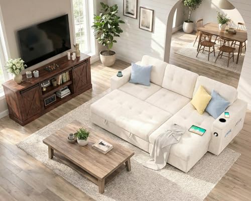 2 Piece Living Room Furniture Set, 84" Pull Out Sleeper Sofa with Storage Chaise, view 2