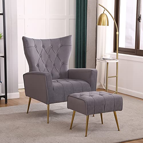 Accent Chair with Ottoman, Comfy Wingback Chair and Ottoman Set, Upholstered Tufted Lounge Armchair with Footrest and High Back, Reading Chair for Bedroom Living Room, Grey, Velvet