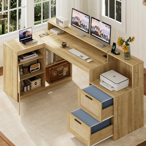 Farmhouse L Shaped Desk with Drawers, 62.2" Home Office Desk with Storage Shelves and Power Outlet, L Shaped Computer Desk with Monitor Stand and Printer Shelf, Oak/Rattan
