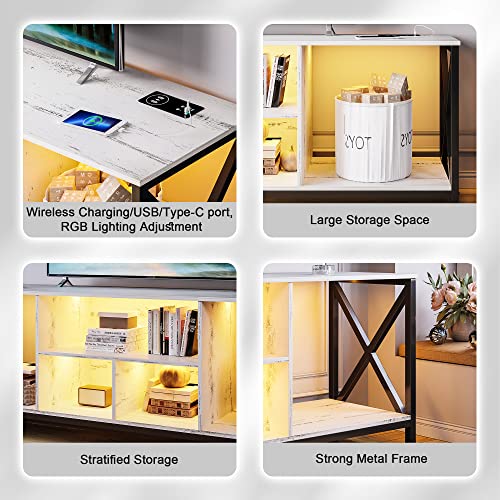 75 Inch TV Stand with LED Lights, Industrial Entertainment Center TV Console Table with Storage, LED TV Stands Cabinet with Charging Station for Living Room,Bedroom (White)