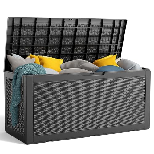 100 Gallon Resin Deck Box, Lockable Patio Outdoor Storage Box for Furniture, Garden Tools and Tools Storage, Waterproof Outside Storage Boxes - Black
