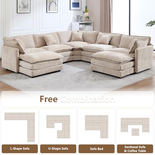 Cloud Couch Oversized Modular Sectional Sofa for Living Room, Modern Chenille 7 Seater Corner Sofa with Deep Seat, Large U-Shaped Couch Set for Spacious Space Apartment, Camel