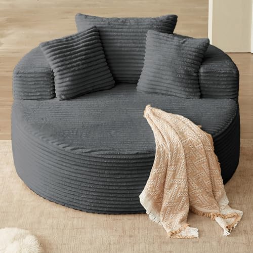 55'' Oversized Round Chaise Lounge Chair Indoor, Corduroy Sponge Deep Seat Single Sofa, Cloud Large Round Chairs, Modern Sleeper Chair for Living Room, Wide Armrest Chairs, No Assembly Required Gray