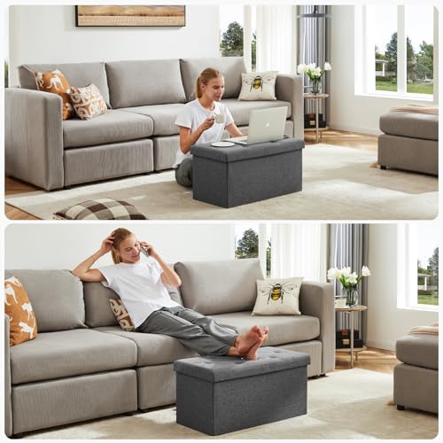 30 Inches Folding Storage Ottoman Bench with Padded Seat for Bedroom, Small End of Bed Foot Rest Stools Storage Chest, Living Room, Pure Grey.