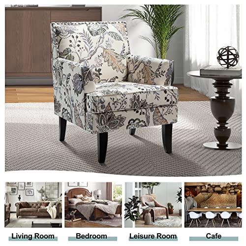 Modern Accent Chair, Printed Armchair, Orange Grey | Solid Wood Legs & Padded Cushion, Classic Rivet Decoration Design, Upholstered Floral Arm Chair for Living Room Bedroom