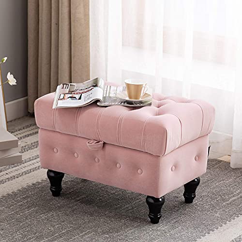 Storage Coffee Table Ottoman, Button Tufted Velvet Upholstery Footstool Bed Ottoman for Living Room, Home Office, Space-Saving Storage Toy Box Stool, Pink