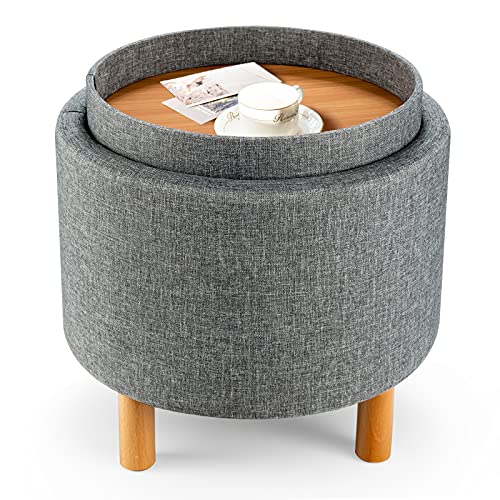 Round Storage Ottoman with Tray Lid, Accent Storage Footstool w/Soft Padding, Fabric Sitting Stool w/Solid Wood Legs & Non-Slip Pads, Tray Top Coffee Table for Living Room, Bedroom (Grey)