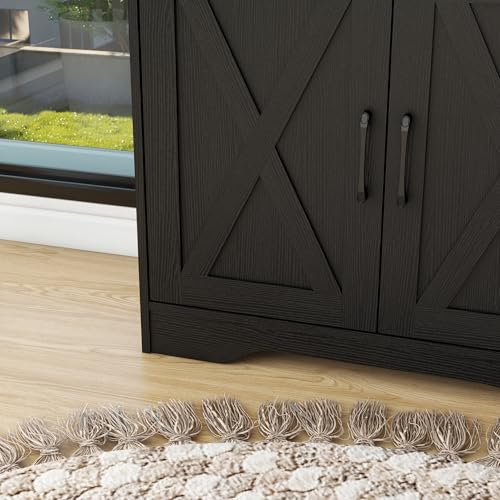 Sideboard 2 Drawers 2 Doors Entryway Storage Cabinet Living Room Organizer Farmhouse Style Wooden Kitchen Cupboard (Black)