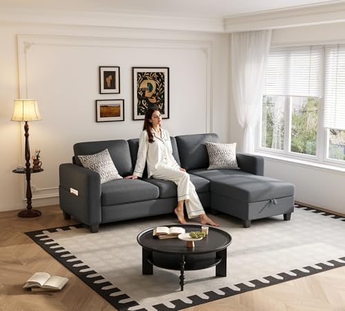 78" Sectional Sofa Couches for Living Room, 3 Seat L Shaped Convertible Couch with Storage Ottoman, Comfortable Pet-Friendly Linen Sofa Set for Small Space, Apartment, Office, Dark Grey