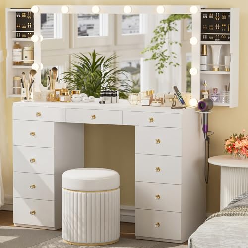 Vanity Desk with Mirror and Lights, White Vanity with Hidden Jewelry Storage Cabinet, Charging Station, 11 Drawers Makeup Vanity with Lights, Crystal Knobs, 3 Color Lighting Modes for Girls