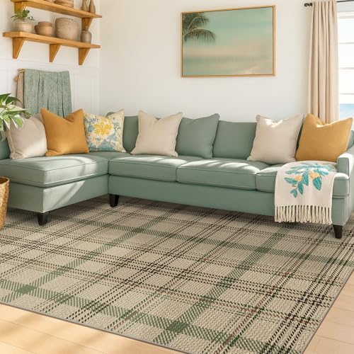 Easy Jute Green Plaid Rug 6x9 for Living Room, Washable Modern Farmhouse Area Rugs for Bedroom Aesthetic, Dining Room, Patio, Sage Tan Woven Tartan Design, Non Skid, Easy Clean Viral Jute No Shed
