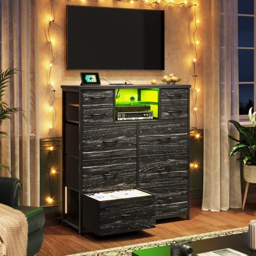 10-Drawer Tall Dresser for Bedroom, LED & Charging Station, Black, view 7