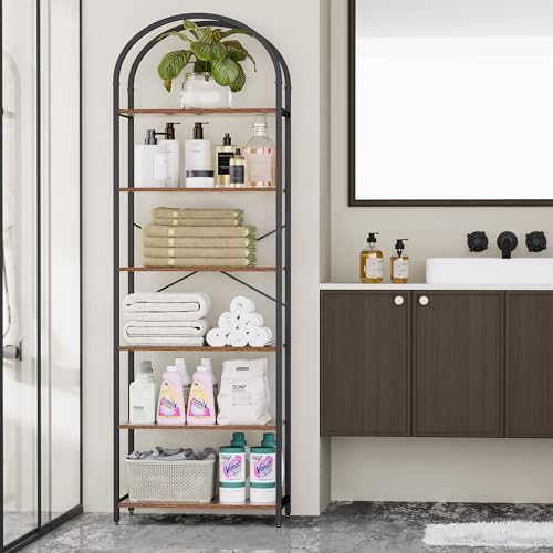 6-Tier Bookshelf Arched Display Racks, Wood and Metal Bookcase, Tall Bookshelf, Industrial Display Standing Shelf Unit, for Home Office, Living Room, Bedroom, Bathroom, Rustic Brown