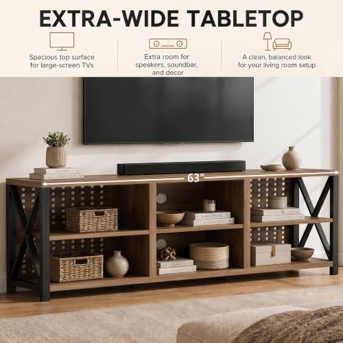 TV Stand with Storage Shelves for 75 Inch TV Rustic Oak 63 Inch, view 8