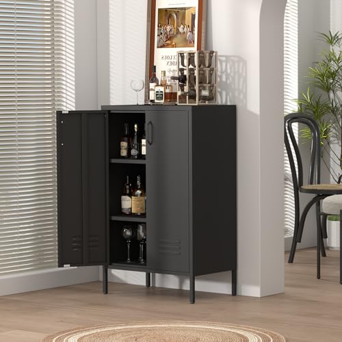 Metal Storage Cabinet,Metal Cabinets with Doors and Adjustable Shelves,2 Door Storage Cabinets with Legs,Morden Accent Cabinets for Home Office,Black