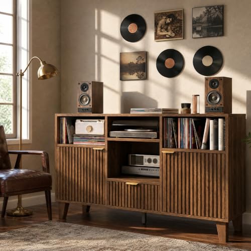 Large Round Record Player Stand with Vinyl Record Storage & Charging Station, view 7