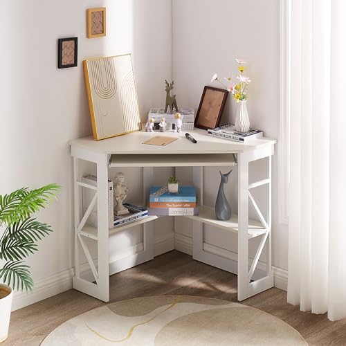 Corner Desk Computer Desk Writing Table with Smooth Keyboard Tray & Storage Shelves,Compact Home Office Triangle Table,White