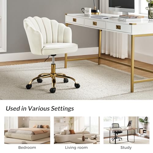 Velvet Home Office Desk Chair with Gold Base, Ivory
