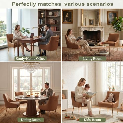 Dining Room Chair Faux Leather Vanity Chairs Set of 2 Mid-Century with Metal Legs Upholstered PU Leather Luxury Accent Chairs Living Room Restaurant(Brown)