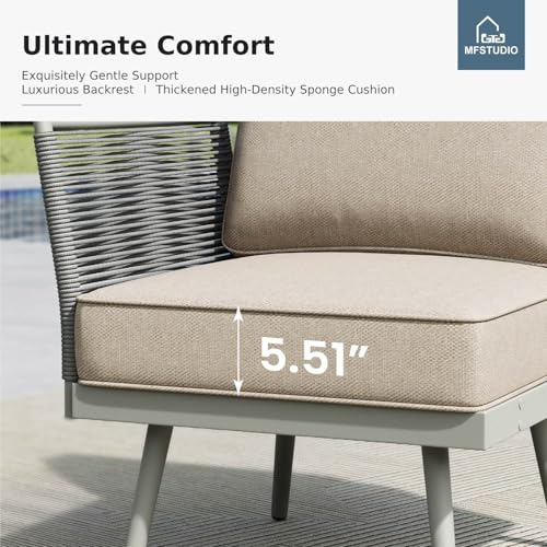 6 Pieces Metal Patio Furniture Sets with Detachable Rope Rattan Armrest, 5 Seats Steel Outdoor Conversation Set All Weather Patio Sectional Couch with Coffee Table for Garden, Beige Cushion