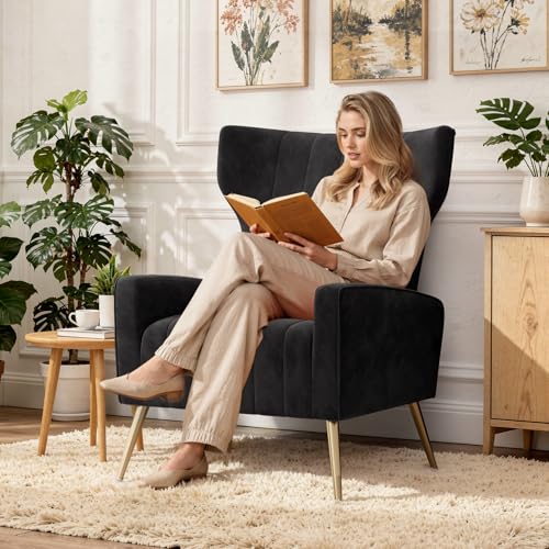 Velvet Accent Chair Wingback for Living Room, High Back Arm Chair with Golden Legs Lumbar Pillow, Upholstered Single Sofa Bedroom Black
