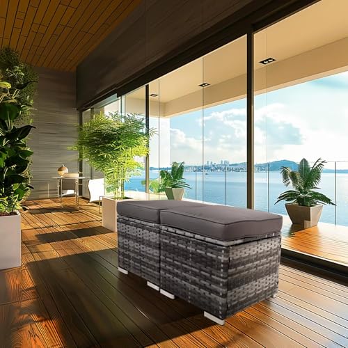 2-Piece Wicker Storage Ottomans for Outdoor Patio & Backyard, Removable Cushions, All-Weather Steel Frame, Side Table/Footrest, 200lb Capacity – Durable Furniture for Homeowners (Grey)