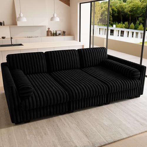 Plush Corduory Sectional Sleeper Sofa with Wide Deep Seat Modular Sectional Cloud Couches for Living Room. Black Couch