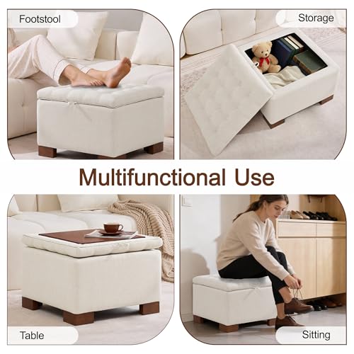 24" Square Fabric Storage Ottoman with Wooden Tray Top, Modern Tufted Button Upholstered Footstool Coffee Table, Multifunctional Small Storage Ottoman for Living Room Bedroom, Beige