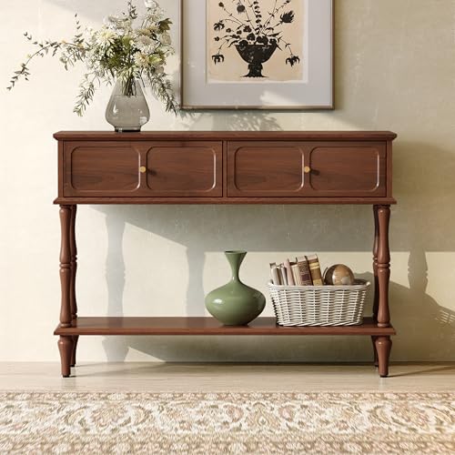 Console Table with Drawers for Entryway, Mid-Century Entryway Table with Storage, Brown Narrow Entryway Table with Open Shelf Behind Sofa for Living Room, Foyer, Hallway