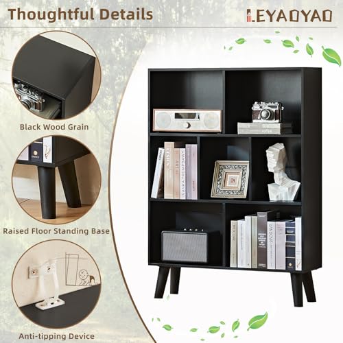 Cube Bookshelf, Mid-Century Modern Book Shelf with Legs, Black, view 7