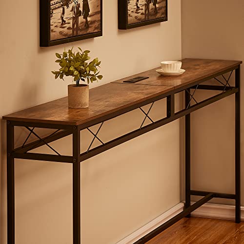 71In Extra Long Narrow Sofa/Console Table with Charging Station & Power Outlet and USB Ports, for Entryway, Living Room, Office, Industrial, Rustic Brown