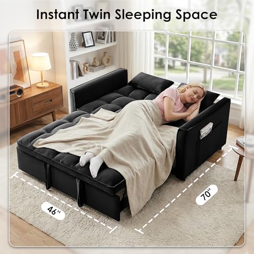 3 in 1 Convertible Sleeper Sofa Bed, 55" Pull Out Couches, Modern Loveseat Sleeper Sofa with Adjustable Reclining Backrest & Side Pockets for Living Room, Velvet Fabric, Black