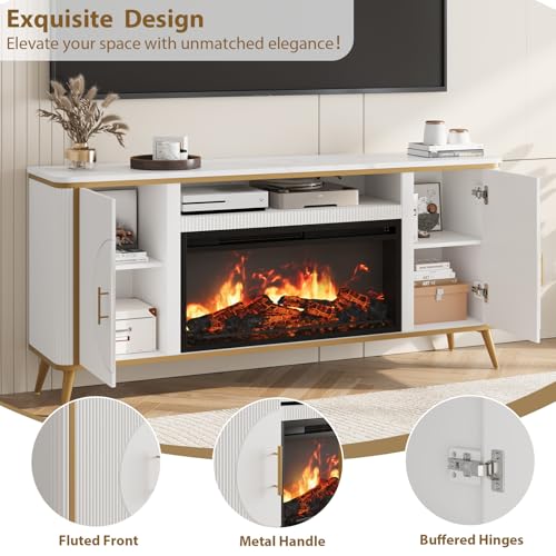 Fluted Fireplace TV Stand Up to 80" TVs, Modern Entertainment Center with 30" Electric Fireplace, Luxury Media Console with Adjustable Shelves for Living Room, White
