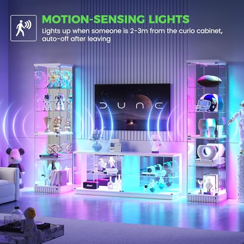 71" Glass TV Stands with Charging Station&Light for Living Room-White | Display Cabinet TV Console with Motion-Senser RGB LED Lights, 2 AC Outlets,USB-C Ports, Entertainment center with Doors