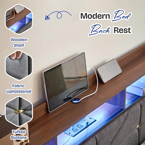 Upholstered Platform Bed Frame with Charging Station and Light Strips, Black, view 7