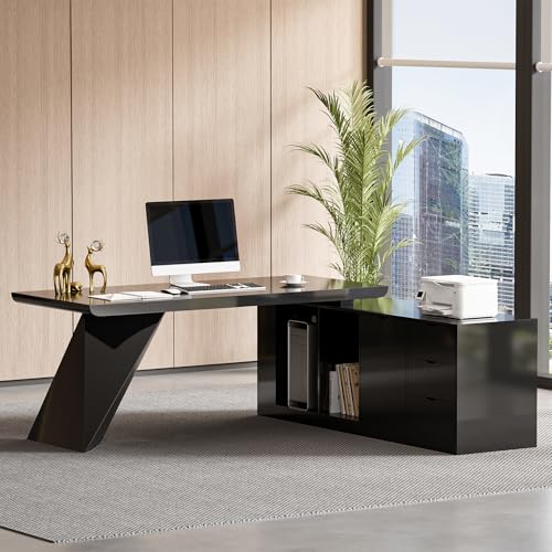 70.9" Modern L-Shape Executive Desk, Home Office Desk with Drawers & Cabinet Modern Computer Desk for Home Business Furniture, Black, Right Hand