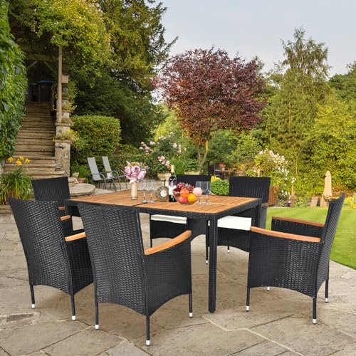 7 Pieces Patio Dining Set, Wicker Outdoor Dining Set for 6 Patio Furniture Set with Acacia Wood Table Outdoor Table and Chairs for Garden and Yard