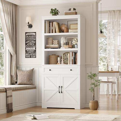 72" Tall Book Shelf and Bookcase, 14" Deep Bookshelf with Drawer and Doors, Farmhouse Book Case with Storage, Wood Storage Cabinet with Display Shelves for Home Office, Living Room, White