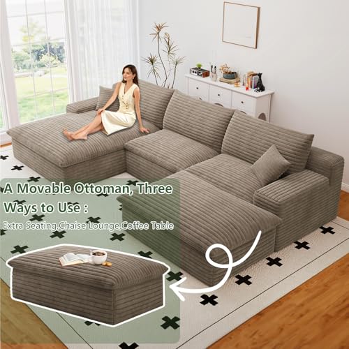 107" Cloud Couch Modular Sectional Sofa for Living Room,U-Shape Boneless Sectional Couch with Deep Seat,Modern Corduroy 3-Seater with Ottoman,Couch in a Box No Assembly(Camel,Left-Facing Chaise)