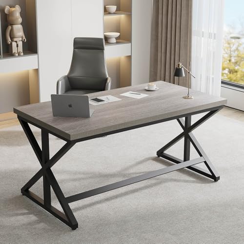 Computer Desk, Industrial PC Laptop Office Desk, Farmhouse Gaming Desk with Spacious Desktop, Rustic Wood Metal Writing Study Work Table for Home Office Bedroom, 47 Inch, Grey Oak