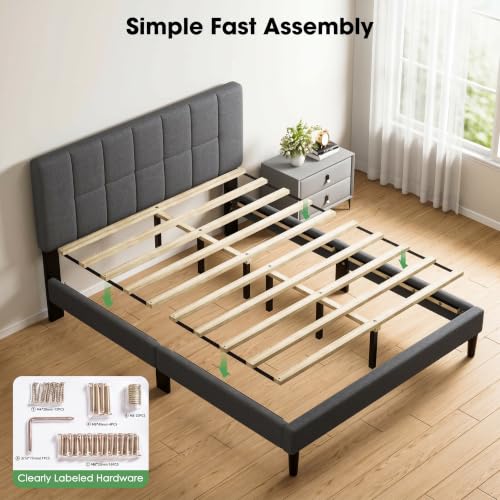 Queen Size Bed Frame with Upholstered Adjustable Headboard, view 7