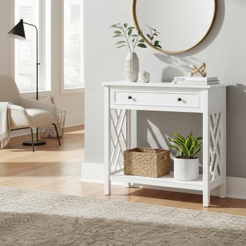 Coventry 32-Inch Wood Console Table with Drawer & Lower Shelf – Traditional to Contemporary Sofa Table with Open Side Accent Design for Entryway, Hallway or Living Room by (White)