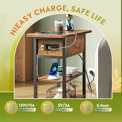 3-Tier End Table with Charging Station, Flip Top Narrow Side Table with Storage Shelf, Small Nightstand with USB Ports and Outlets,Bedside Table for Living Room, Bedroom