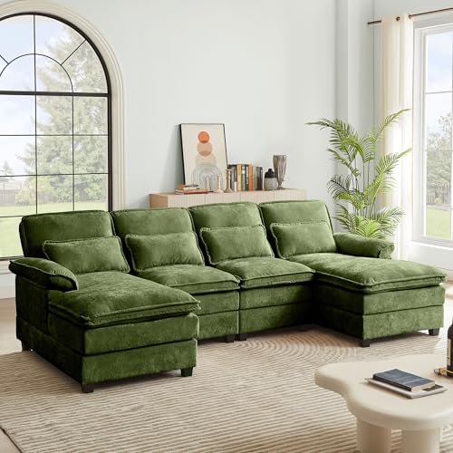 112" Modular Sectional Sofa, U Shaped Comfy Cloud Couch with Double Chaise and Padded Armrests, Modern Deep Seat Sectional Couches for Living Room, Apartment, Office, Green