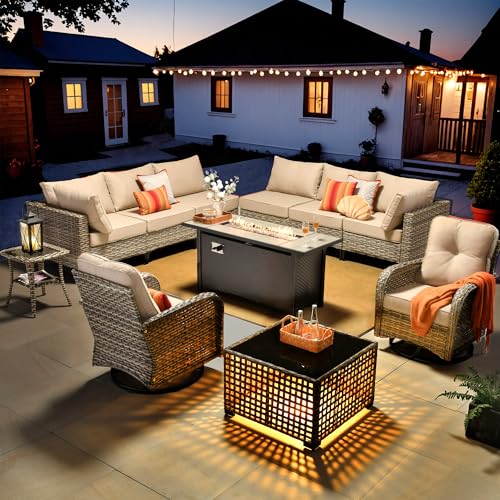 Outdoor Patio Furniture Set with Fire Pit Table,11 Pieces Wicker Out Door Sectional Furniture L Shaped Couch,Outside Patio Conversation Sets Swivel Chair,Beige