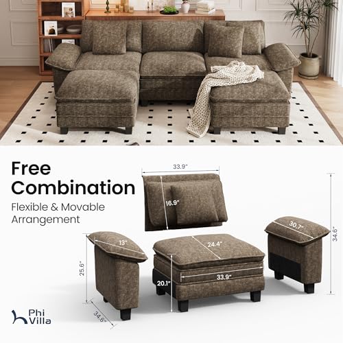 Cloud Modular Couch Sets, 123.6" Oversized Sectional Sofa with U-Shaped Chaise, 5-Seater Couches with 2 Movable Ottomans for Living Room, Chenille Grayish Brown